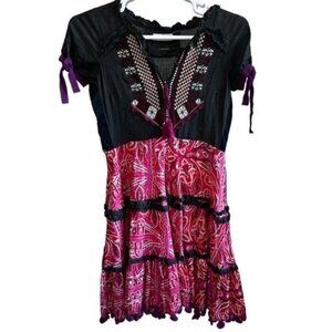 Odd Molly Boho Chic Paisley Dress w/ Lace & Embroidered Details Black/Pink S/1